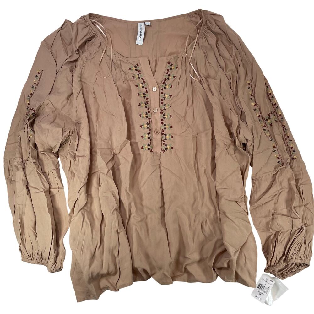 Grace + Karma Boho Embroidered Peasant Top Plus Size 3X Womens Tan Rayon NWT